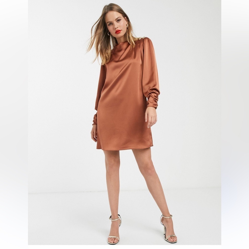 River Island Copper Satin Long Sleeve mini Dress Sz 12 preloved